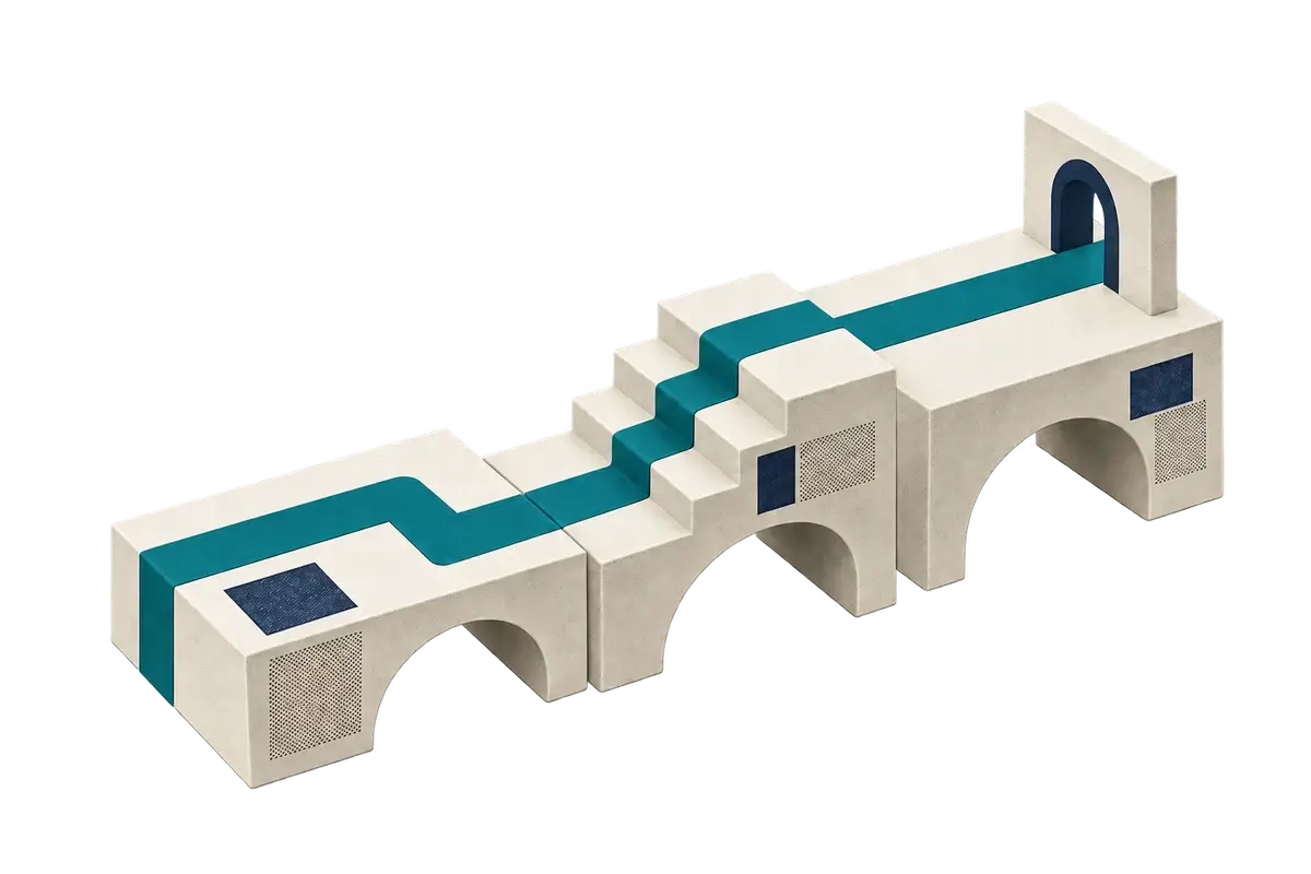 Drei präzise verbundene Module bilden eine Brücke mit einem durchgehenden Weg zum Ziel.