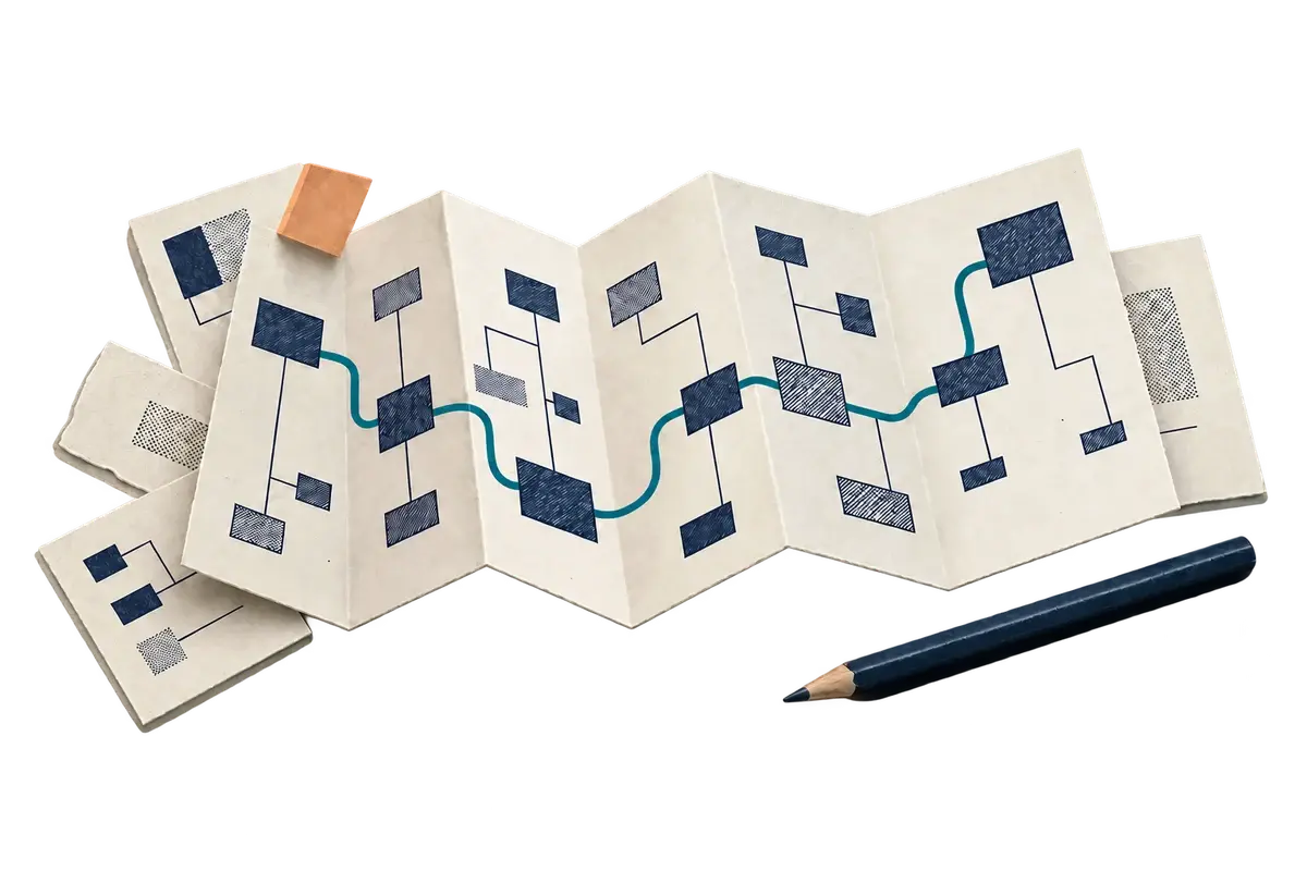 Gefaltete Papierkarte mit einer durchgehenden Route durch verzweigte Informationen.